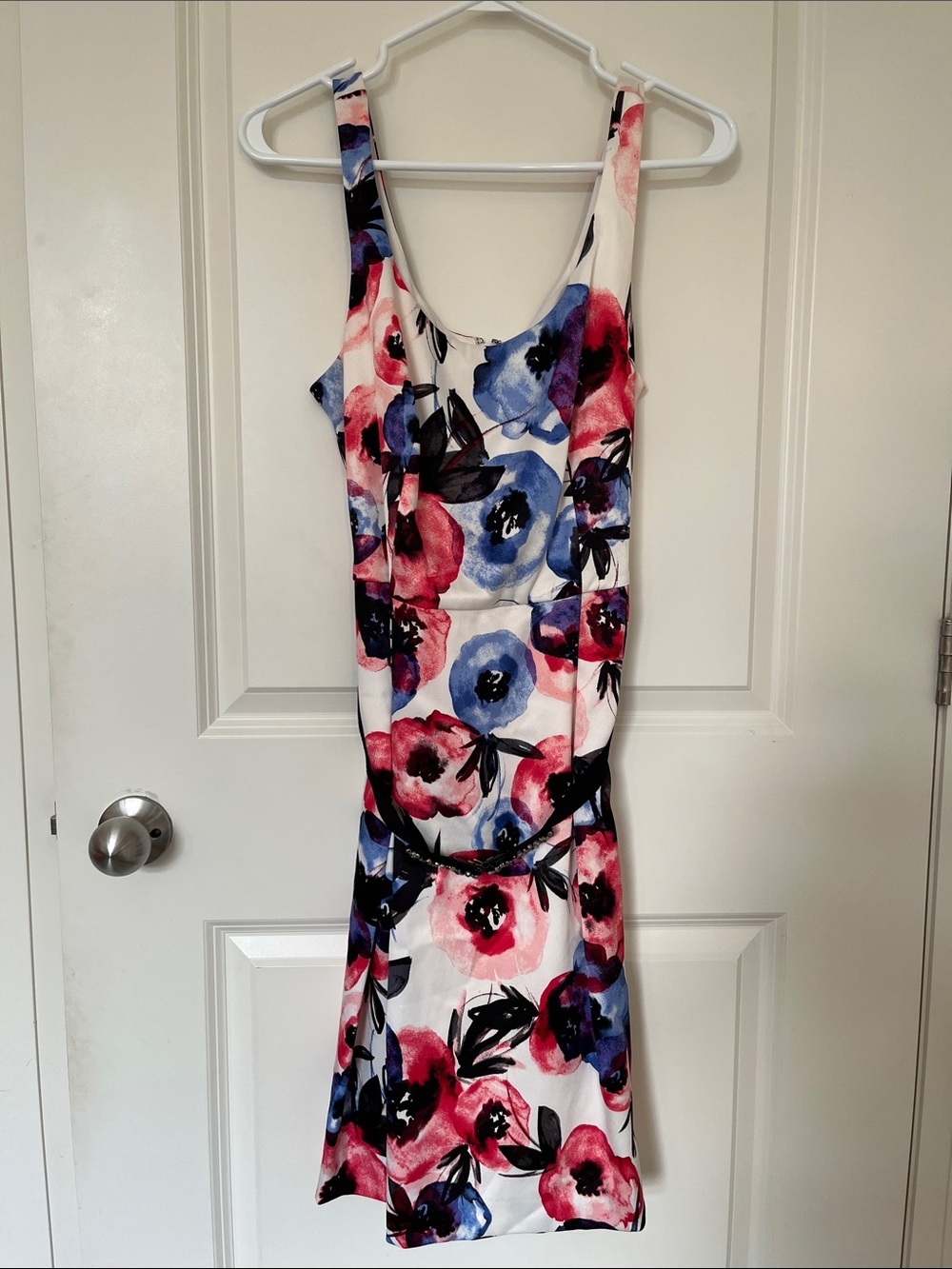 Floral Scoop Neck Sundress in White with Pink & Blue Blooms with belt